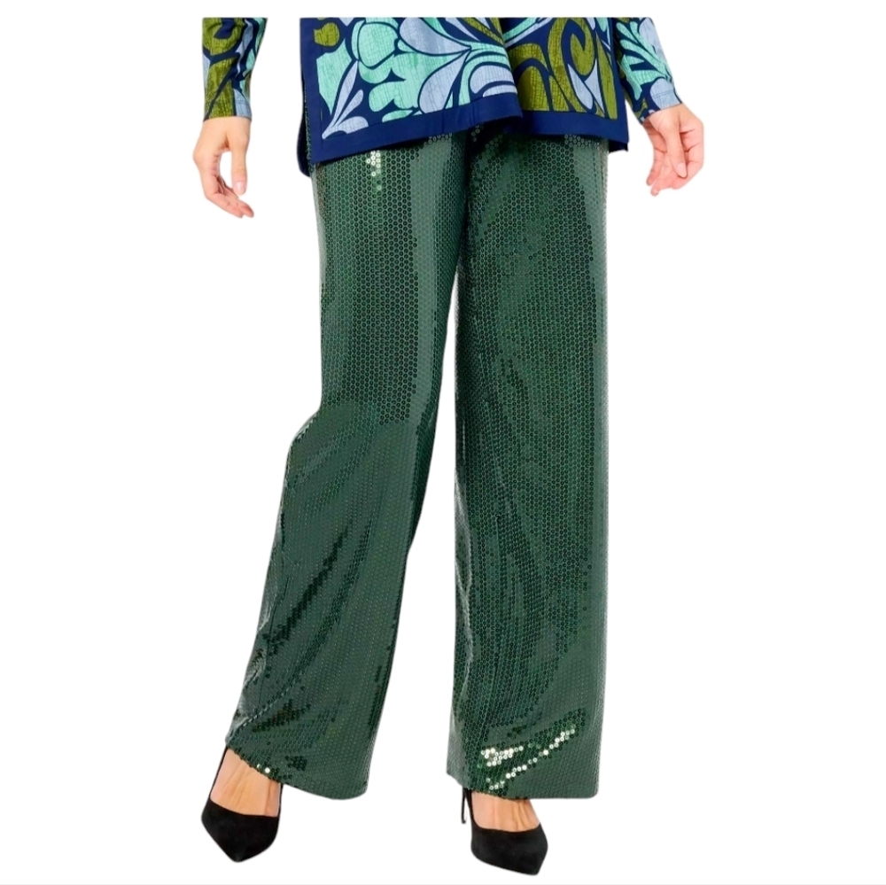 Dennis Basso Women's Regular Sequin Knit Wide Leg Pull-On Pants Size L Party Dat